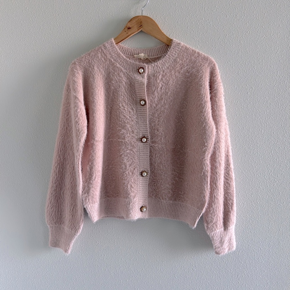 Pearl button, fuzzy, eyelash cardigan, blush, pink